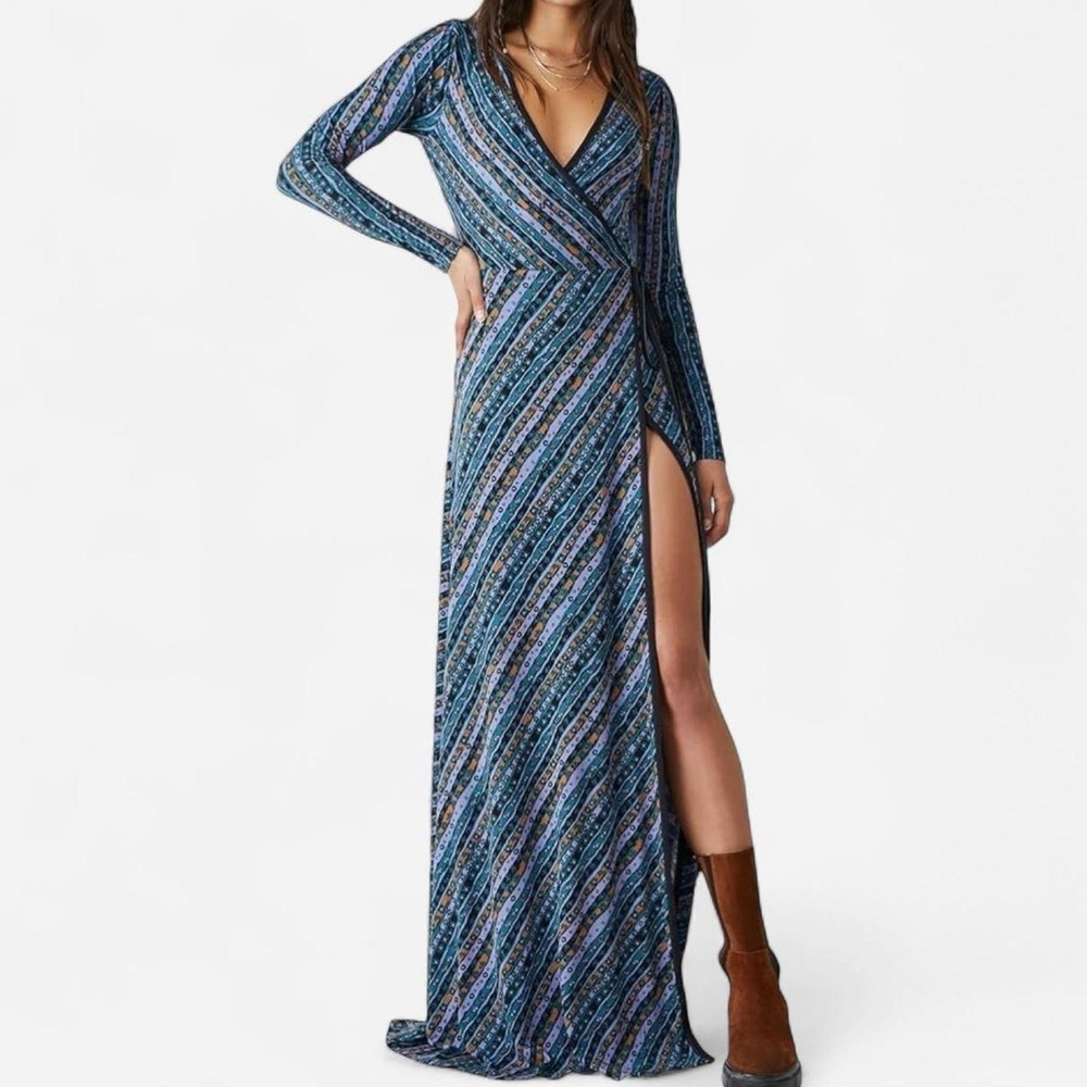 FREE PEOPLE Phoebe Blue Printed Boho Wrap Dress Small NWOT